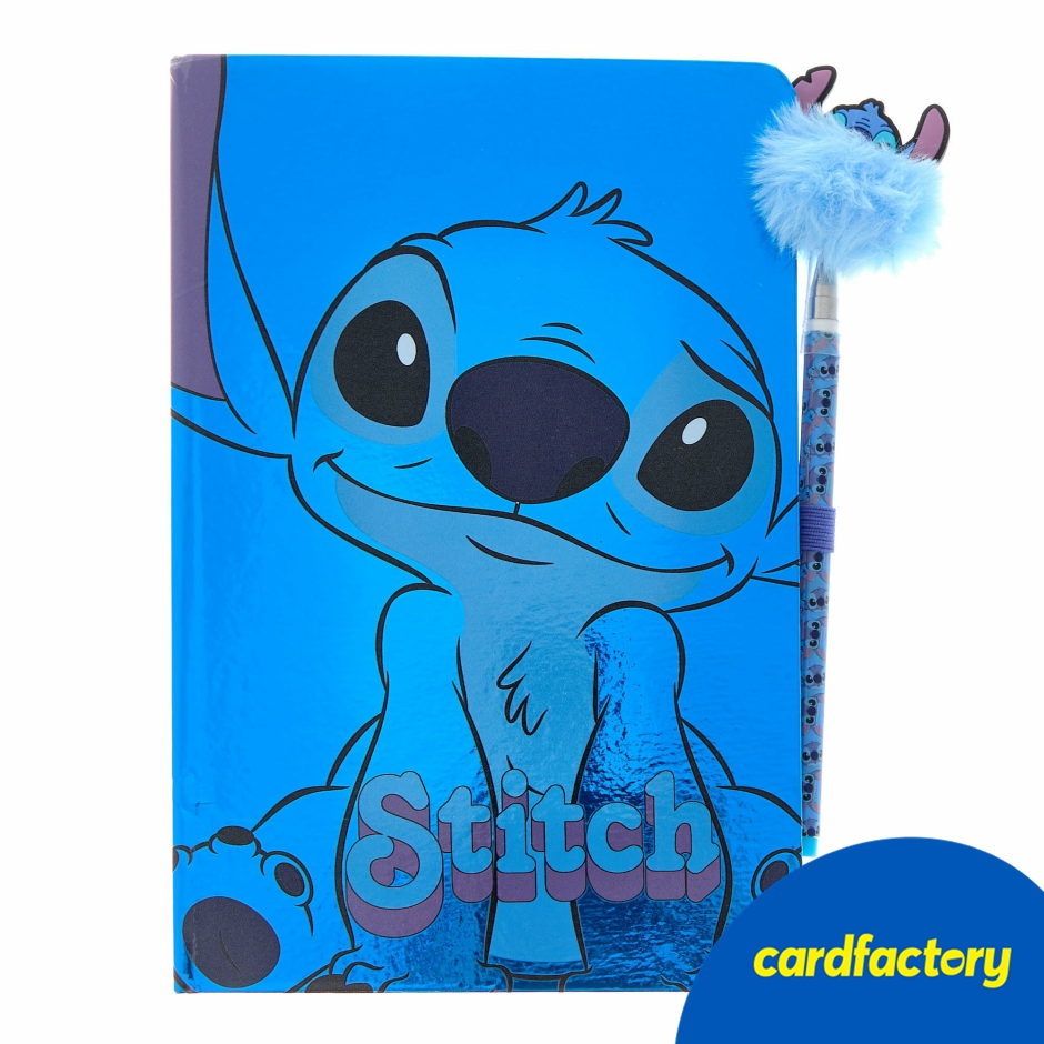 Image of Disney Stitch Notebook &amp; Pen Set | Shimmering Stitch Theme | Blank Pages for Notes &amp; Drawings | Includes Fluffy Matching Pen | Stationery for Home, Work or School | 21.5cm x 17.7cm x 1.9cm