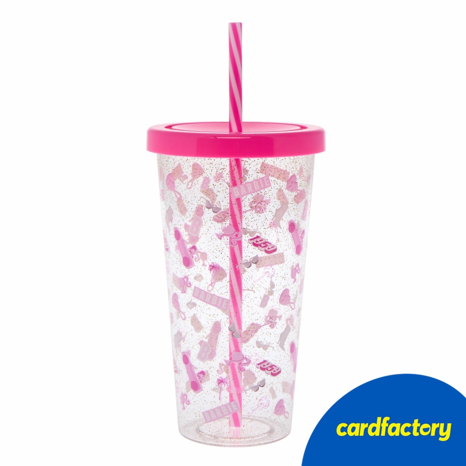 Barbie Glittery Pink Reusable Gift Tumbler | Secure Screw-Top Lid | Removable Straw | BPA-Free Plastic | 24cm x 10cm x 10cm