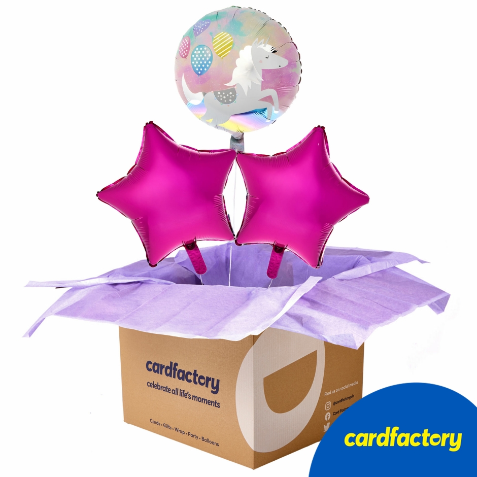 Image of Unicorn Birthday Balloon Bouquet | Inflated Foil Balloons | 1x Unicorn Round &amp; 2x Star-Shaped | Delivered in Box | 3 Balloons | Party Supplies