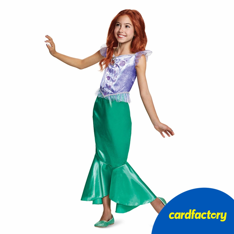 Image of Disney Ariel Classic Children's Fancy Dress Costume | Satin Bodice &amp; Fishtail Skirt | Mesh Sleeves | 100% Polyester | Sizes 3-4 &amp; 5-6 Years
