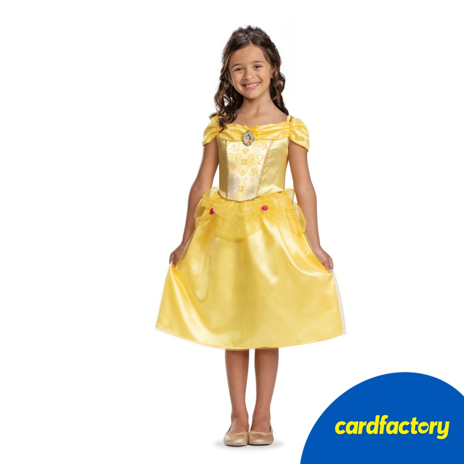 Image of Disney Belle Classic Dress Costume for Children | Polyester | Yellow Ball Gown | Rose Details | Disney Princess Outfit for Girl Kid | Cardfactory