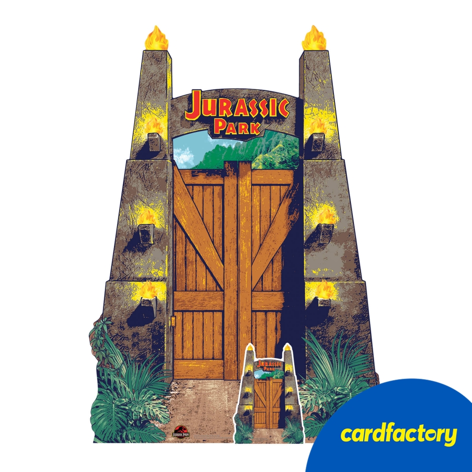 Image of Jurassic Park Entrance Party Cardboard Cutout | Medium Size | Iconic Dino Themed Decor | 131cm x 92cm | Durable Cardboard Material