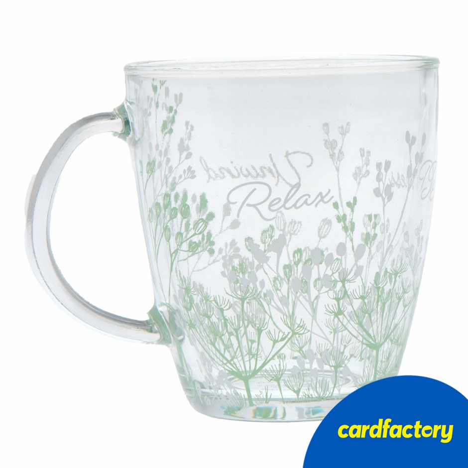 Image of Relax, De-stress &amp; Unwind Glass Mug | Elegant Floral Design | Gift Box Included | Ideal for Hot Drinks | 14.5cm x 9.5cm x 14.8cm