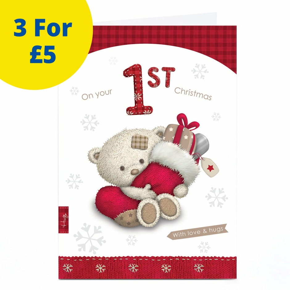 Image of Hugs 1st Christmas Card - Bear Cuddling Stocking | Christmas Cards