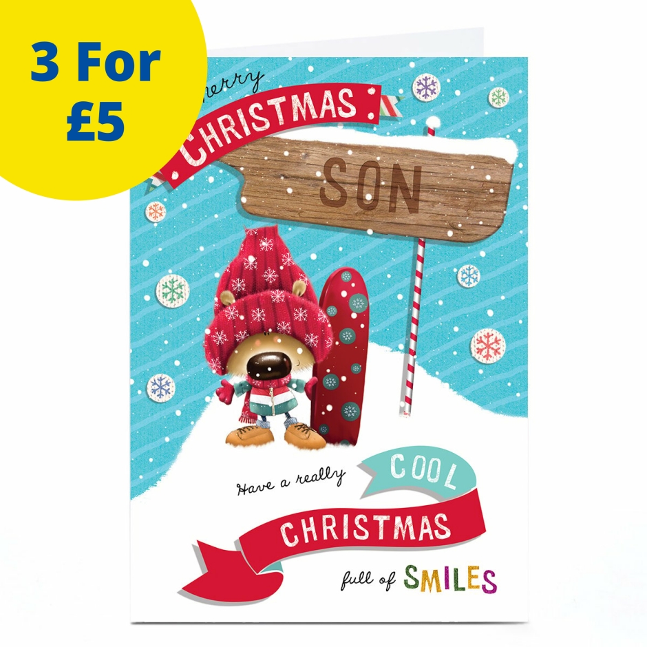 Image of Christmas Card - Cool Christmas Snowboarding Dog, Son | Christmas Cards