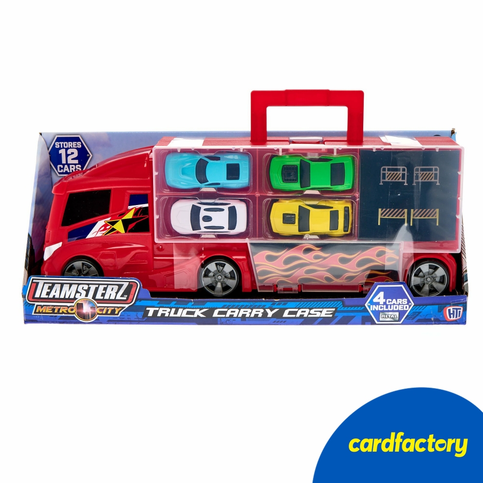 Image of Teamsterz Metro City Truck Carry Case | Vibrant Colours &amp; Durable Design | Stores 12 Cars | Includes 4 Die-Cast Vehicles | 35cm x 7cm x 15cm | Ages 3+ | Perfect Gift