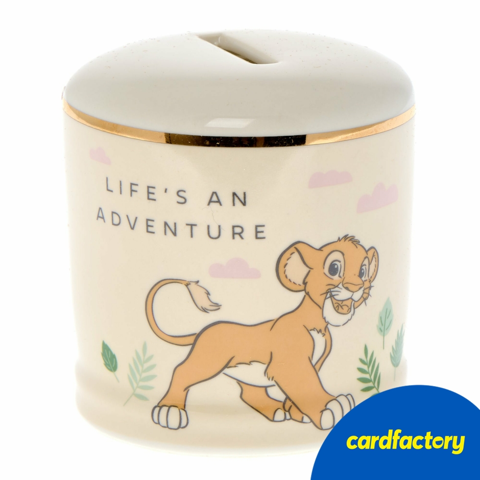 Image of Disney Simba Little Cub Ceramic Money Box | Perfect for Nursery Decor | Cute Quote | Dimensions: 11.9cm x 12cm x 9.8cm | Kids' Room Accessory