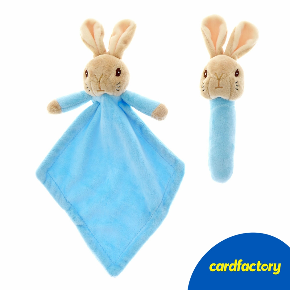 Image of Peter Rabbit Stick Rattle &amp; Comforter Set | Baby Gift | Plush Polyester Material | Hand Wash Only | Dimensions 30cm x 17cm x 6.5cm