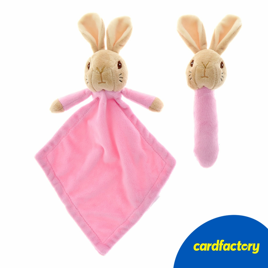 Image of Peter Rabbit Flopsy Stick Rattle &amp; Comforter Set | Plush Baby Gift | Hand Washable Polyester | 30cm x 17cm x 6.5cm