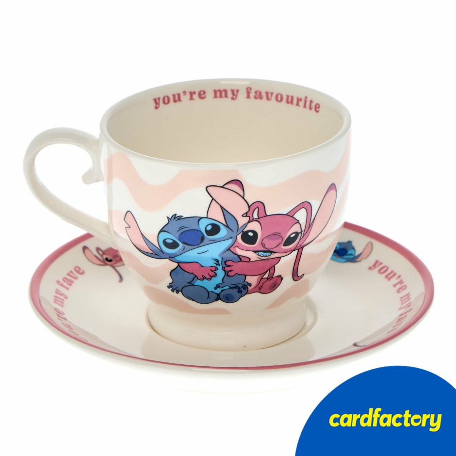 Image of Stitch &amp; Angel You're My Fave Mug &amp; Saucer Set | Ceramic Disney Gift | Cute Design | Perfect for Hot Drinks | 8cm x 14cm x 14cm | Ideal Present