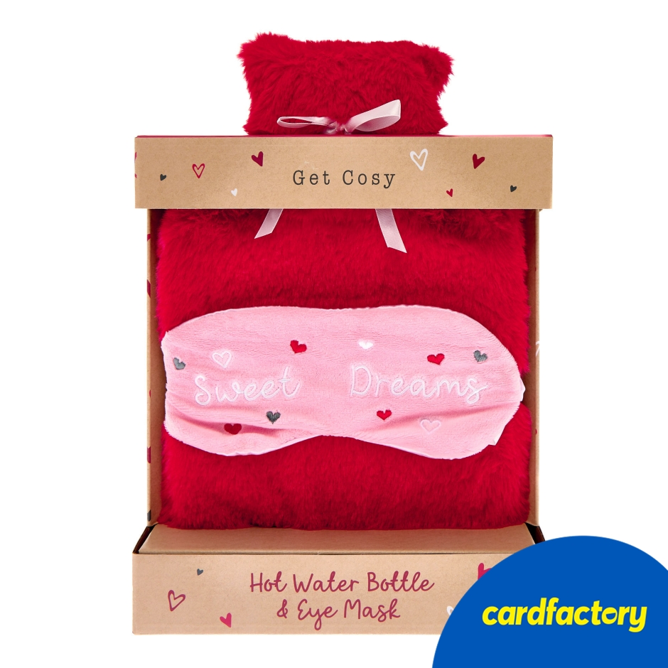 Image of Get Cosy Hot Water Bottle &amp; Eye Mask Gift Set | Soft Polyester Eye Mask | Fluffy Polyester Cover | Rubber Bottle | Perfect for Cosy Nights