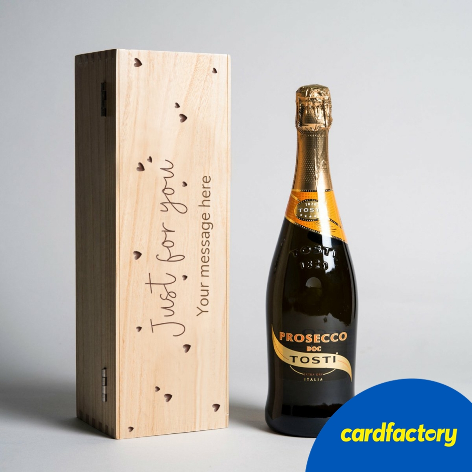 Image of Engraved Wooden Box With Luxury Prosecco - Just For You Hearts