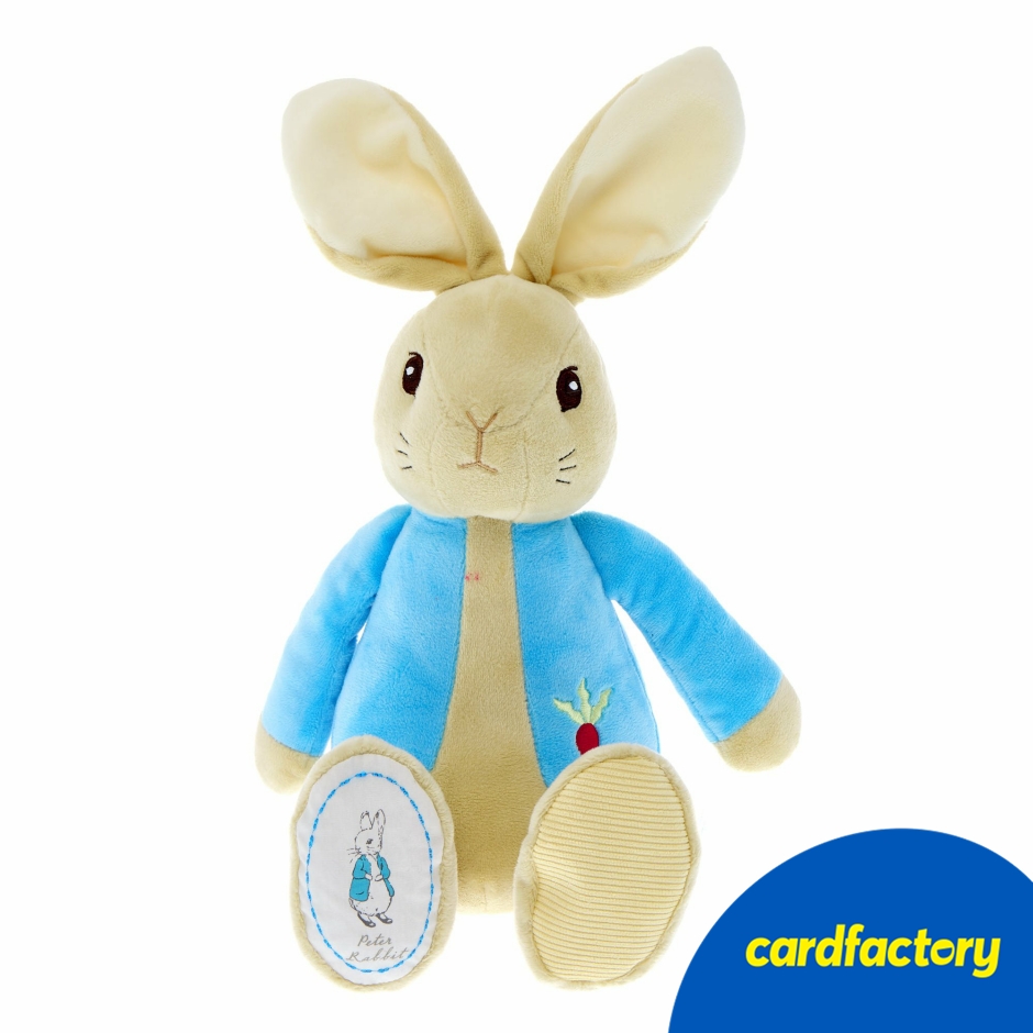 Image of Peter Rabbit Plush Soft Toy | Snuggly Fabric | Blue Jacket with Radish Motif | 20cm x 15cm x 10cm | Ideal for Playtime &amp; Naps | Cardfactory