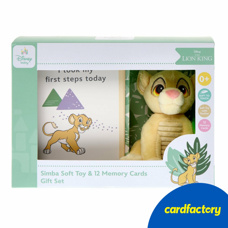 Image of The Lion King Simba Plush &amp; Milestone Cards Gift Set | Soft Toy with Teether | Includes 12 Baby Milestone Cards | Perfect for Newborns | 22.5cm x 21.5cm x 14.6cm