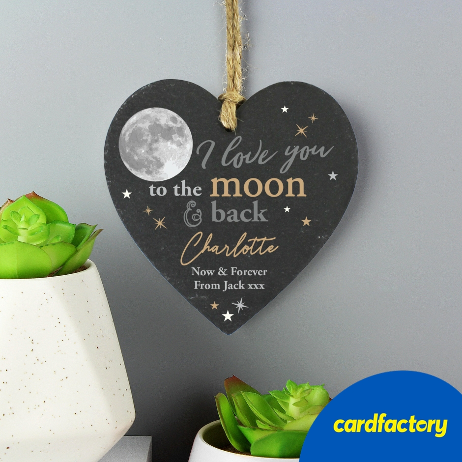 Image of Personalised Moon &amp; Back Slate Heart Decoration