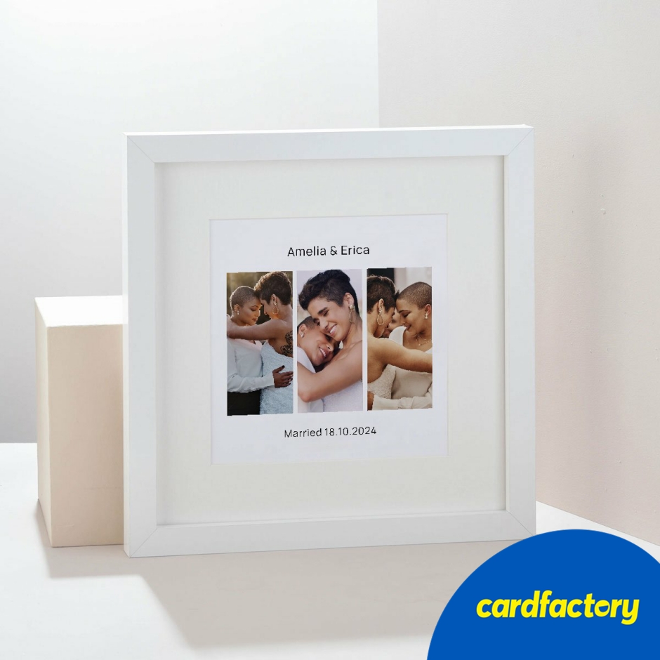 Image of Personalised Square Framed 3 Photo Upload Wall Art Print - Wedding Day