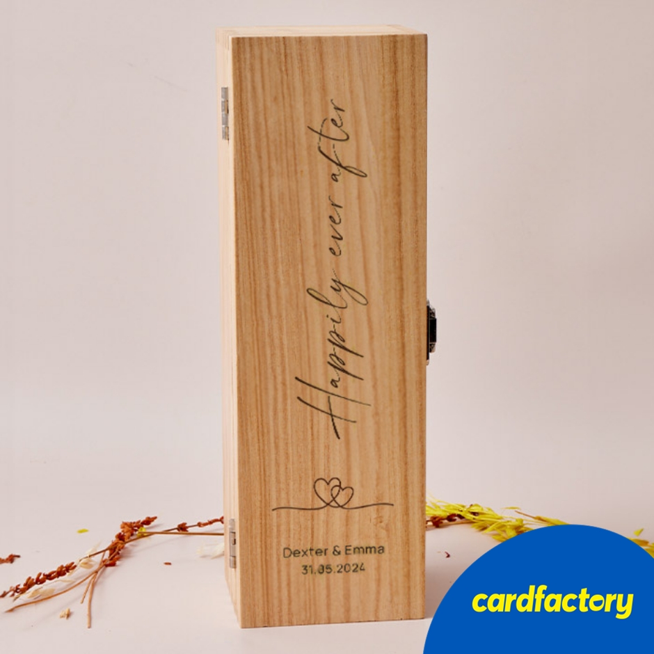 Image of Personalised Engraved Wooden Wine Box - Happily Ever After | Customizable Gift for Couples | Wedding Anniversary Present | Getting Personal