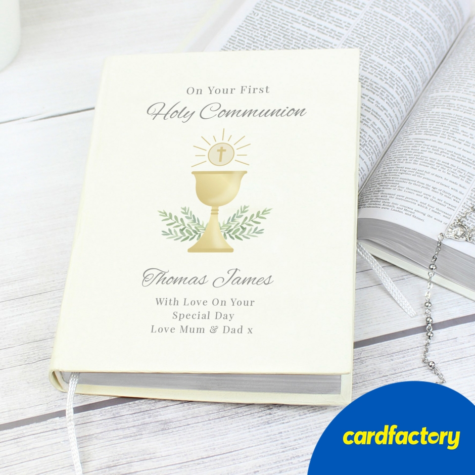 Image of Personalised King James Holy Bible for First Holy Communion | Leatherette Cover | Includes Bookmark | 13.5cm x 19cm x 2cm | Meaningful Keepsake
