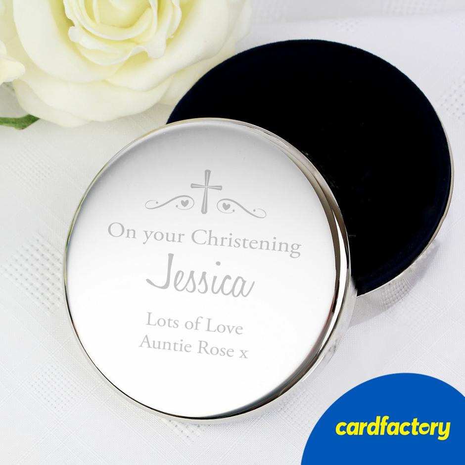 Image of Personalised Religious Round Trinket Box | Nickel Plated | Blue Flock Fabric | 8.7cm | Perfect Gift for Christening or Communion