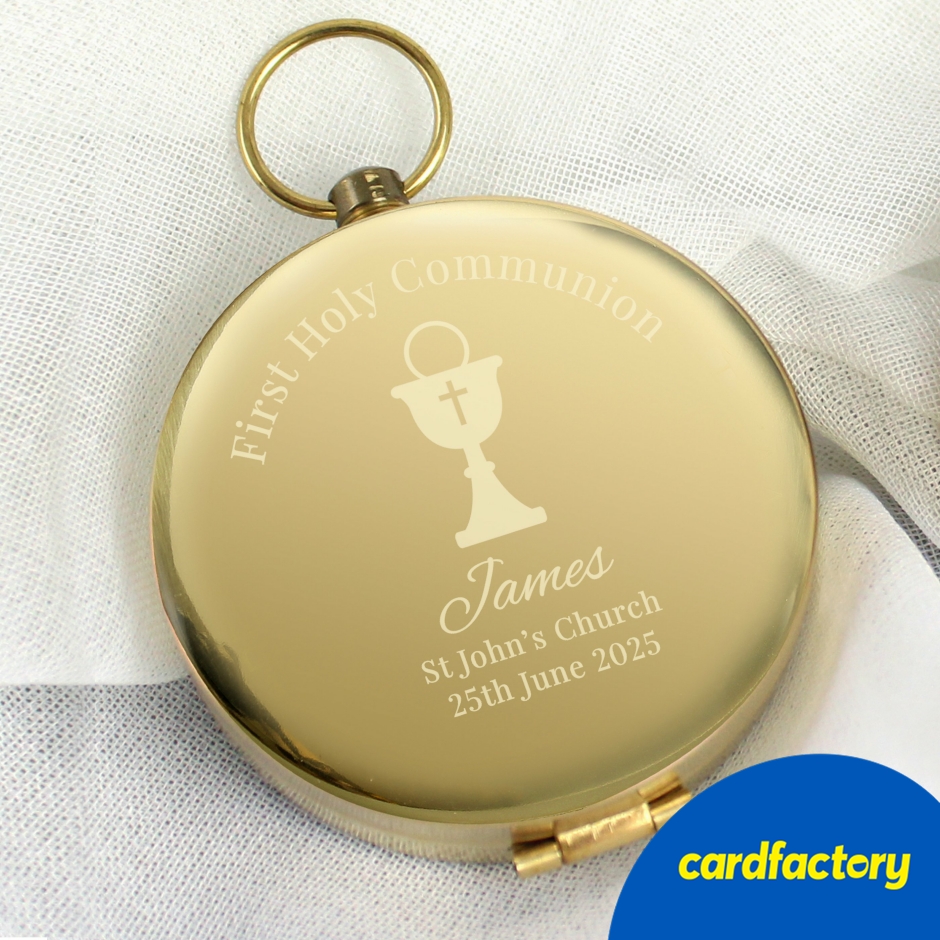 Image of Personalised First Holy Communion Compass | Brushed Metal Keepsake | Engraved Gift | Measures 5cm x 7cm x 1.5cm | Meaningful Commemoration