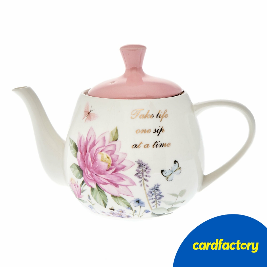 Image of Take Life One Sip At A Time Tea Pot | 13cm x 20cm | Floral Ceramic Design | Gold Quote Teapot | Thoughtful Gift for Tea Lovers