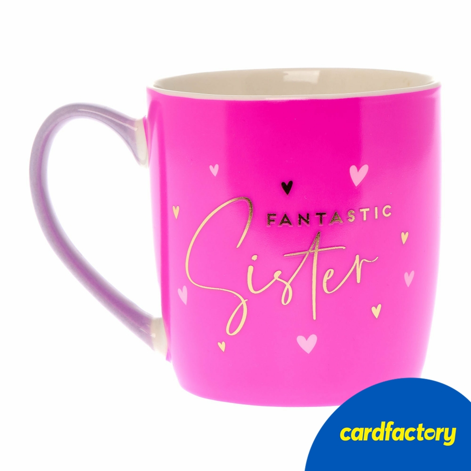 Image of Sister Mug with Gold Details | Ceramic Pink Mug in Gift Box | Perfect for Gifting | 10cm x 13.3cm x 10cm | Cute Birthday Surprise