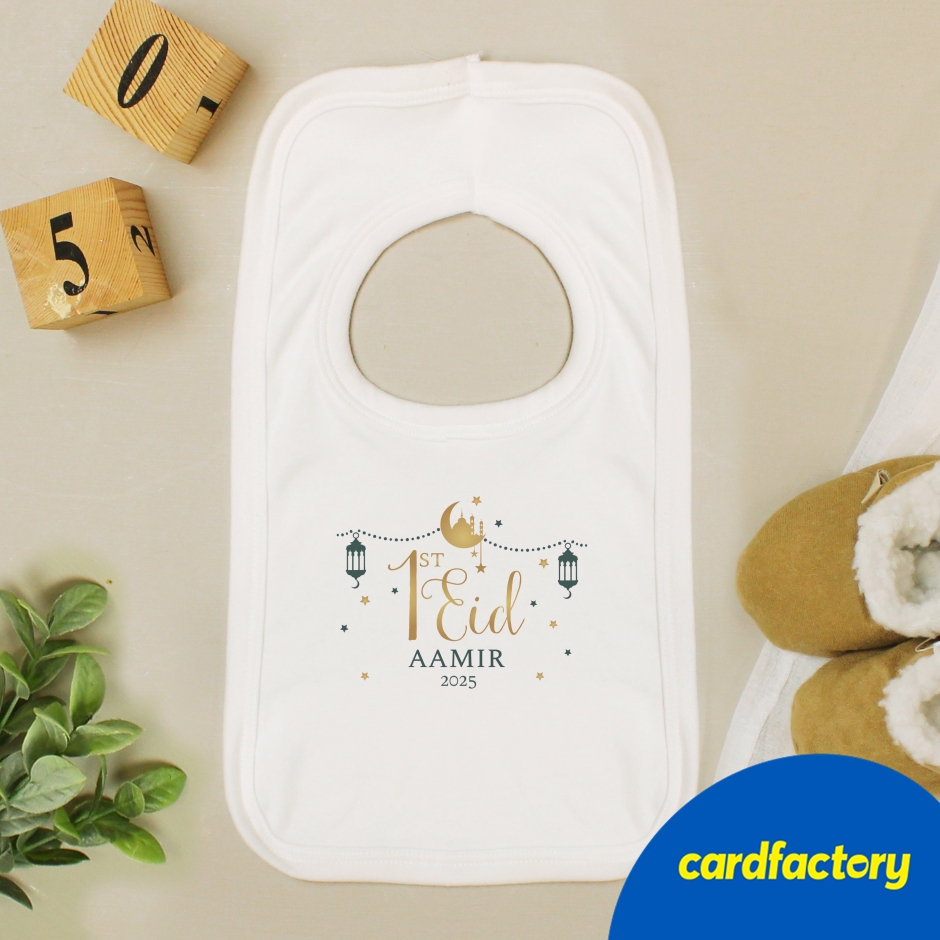 Image of Personalised 1st Eid Baby Bib | 100% Cotton | Perfect for Newborns | Custom Name &amp; Year | Size 0-3 Months | Celebrate Baby's First Eid