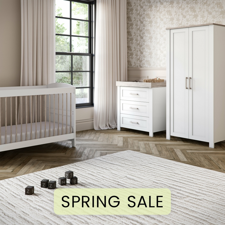 View Silver Cross Valencia 3 Piece Nursery Set Convertible Cot to Toddler Bed Dresser Wardrobe White Adjustable Height Crib Removable Changer  information