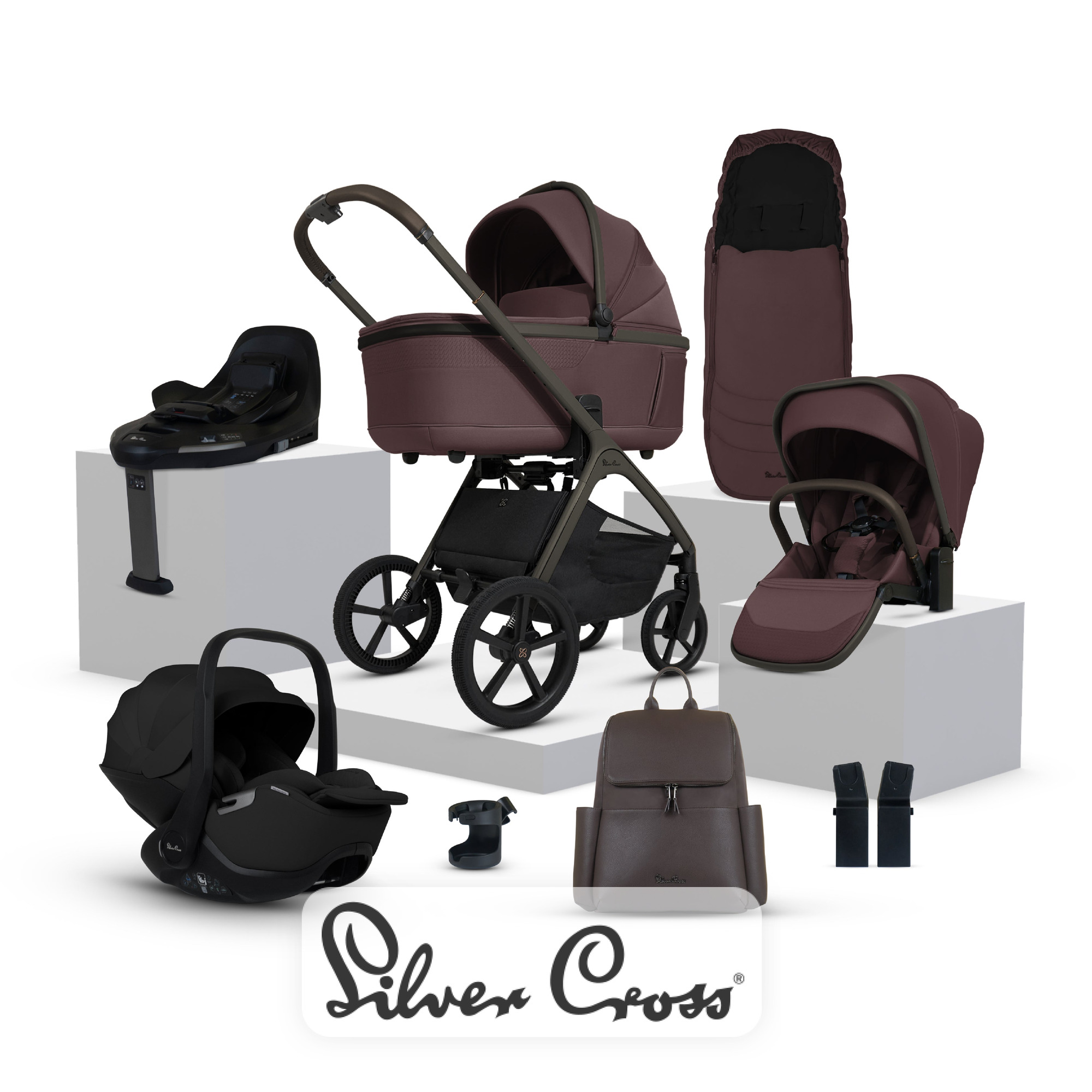 View Silver Cross Cove Damson Travel System Ultimate 360 Infant Carrier Bundle 10 piece information