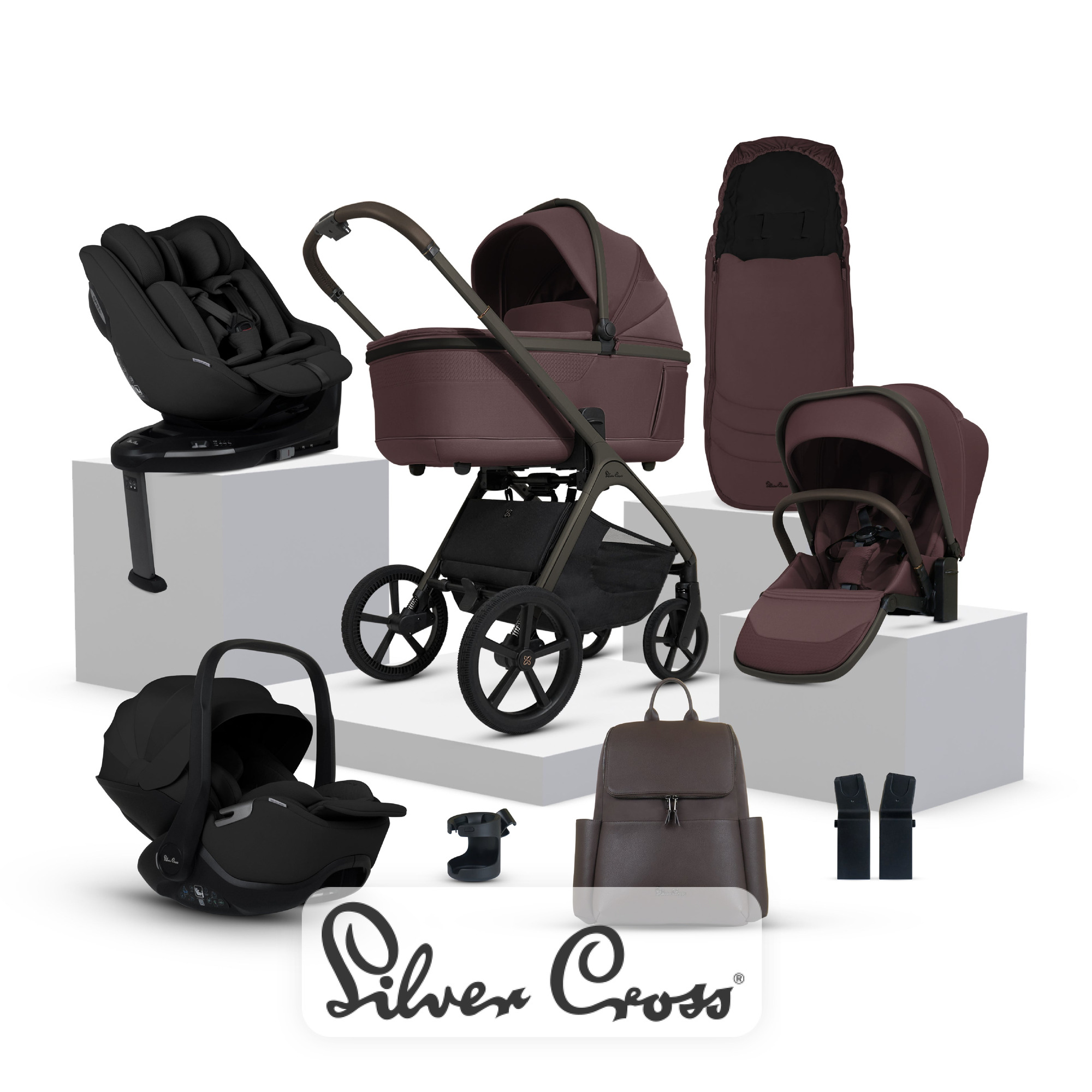View Silver Cross Cove Damson Travel System Ultimate 360 Family Car Seat Bundle 11 piece information